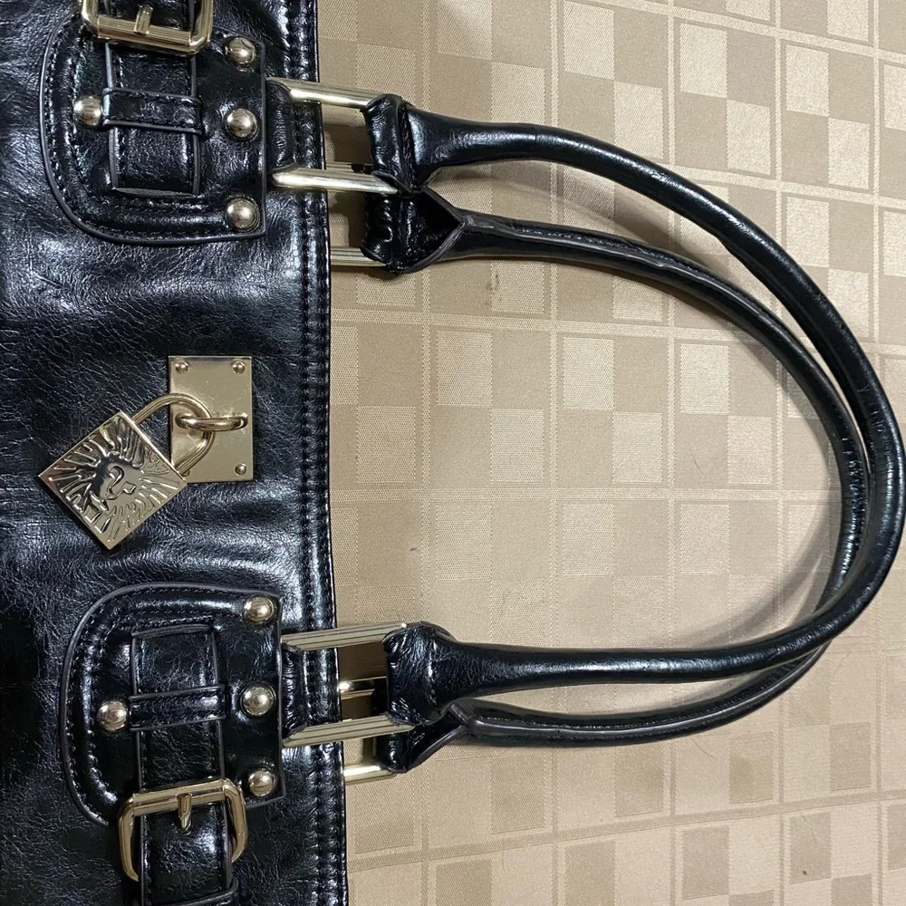 Anne Klein AK Zip Closure Tote/Purse/Bag Black Faux Reptile Gold‎ EUC 14” x 12”